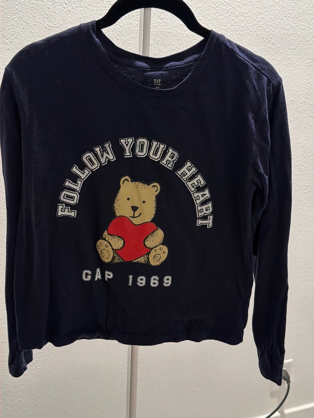 GAP Navy Long-Sleeve Tee with Bear Holding Red Heart Graphic